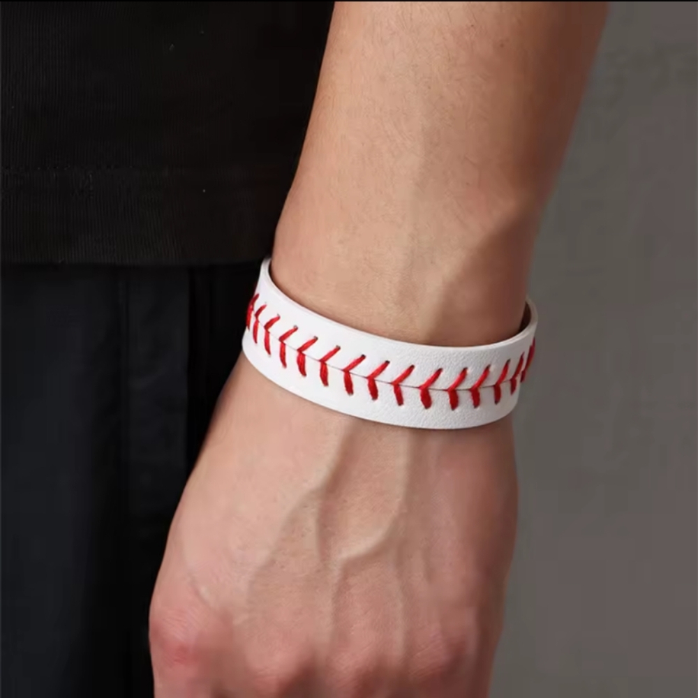 Genuine Leather Baseball Stitch Bracelet - White and Red ⚾⚾⚾